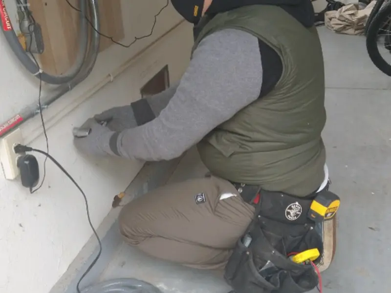 Electrician performing outlet wiring in a Bloomfield garage